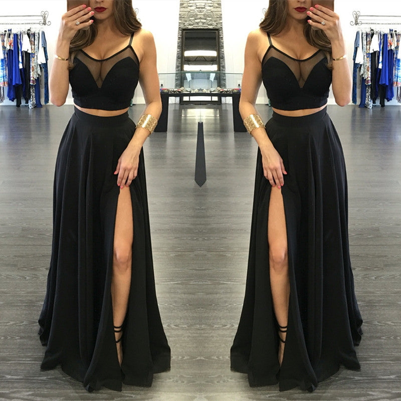 Chic Black Illusion Two Piece Prom Party GownsFront Split Spaghetti Strap-showprettydress
