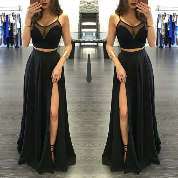 Chic Black Illusion Two Piece Prom Party GownsFront Split Spaghetti Strap-showprettydress