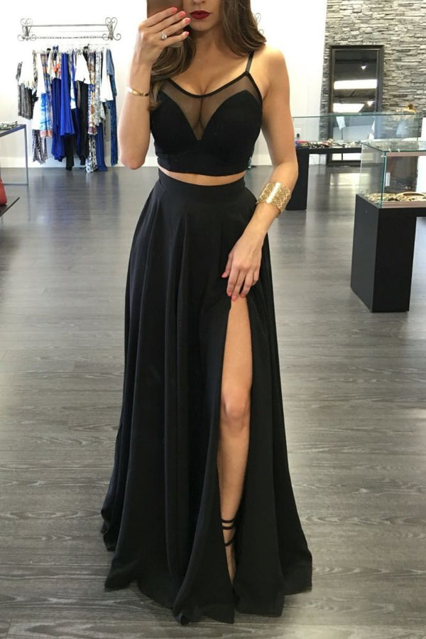 Chic Black Illusion Two Piece Prom Party GownsFront Split Spaghetti Strap-showprettydress