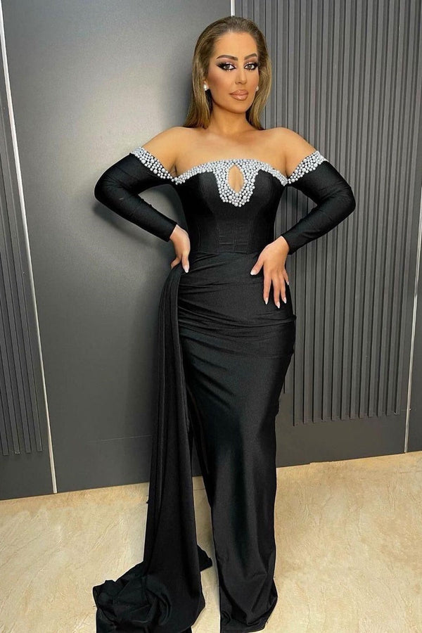 Chic Black Long Mermaid Beads Prom Dresses with Sleeves-showprettydress