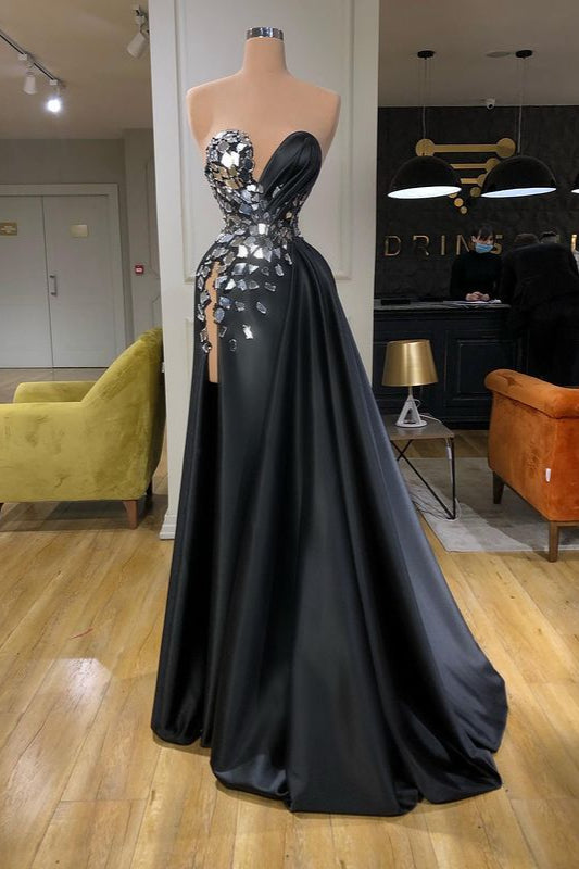 Chic Black Long Mermaid Sweetheart Crystal Prom Dress With Split-showprettydress