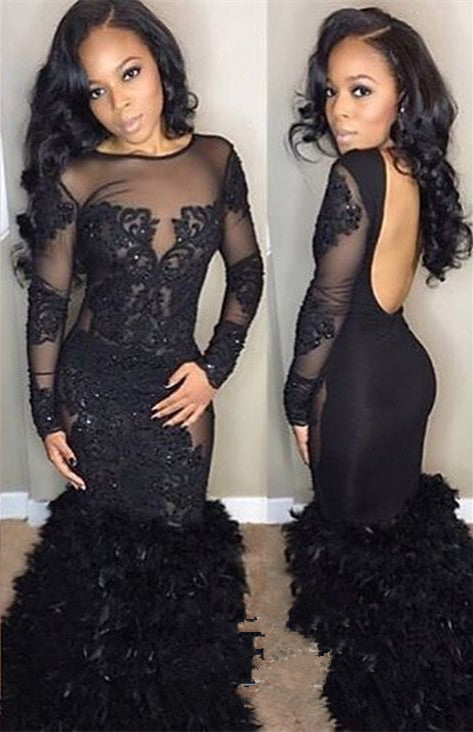 Chic Black Mermaid Prom Party Gowns| Long Sleeves Lace Evening Gowns-showprettydress