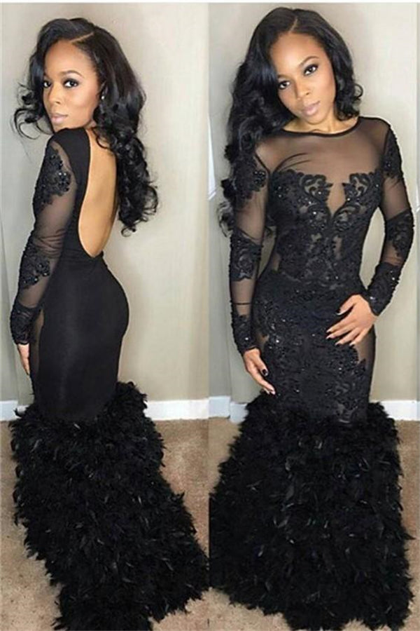 Chic Black Mermaid Prom Party Gowns| Long Sleeves Lace Evening Gowns-showprettydress
