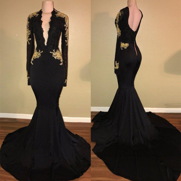 Chic Black prom dress Mermaid Long Sleeves Evening Dress-showprettydress