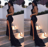 Chic Black Sequins Backless Party Gown Long Split Prom Party Gowns-showprettydress