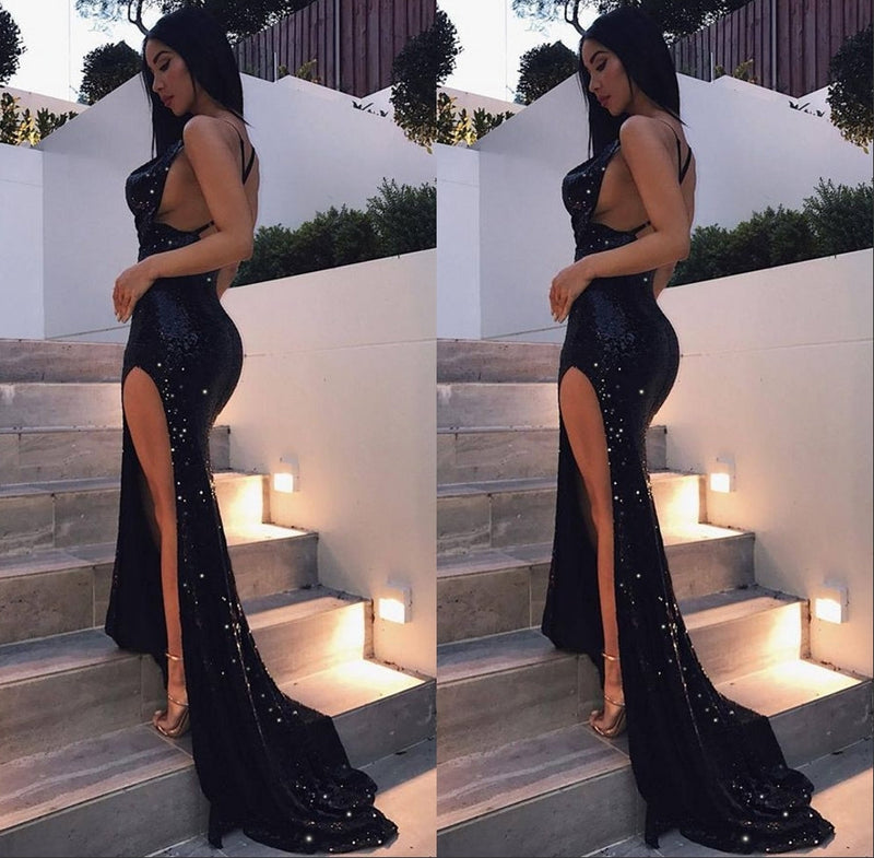 Chic Black Sequins Backless Party Gown Long Split Prom Party Gowns-showprettydress