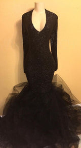 Chic black sequins prom dress, ruffles evening dress-showprettydress