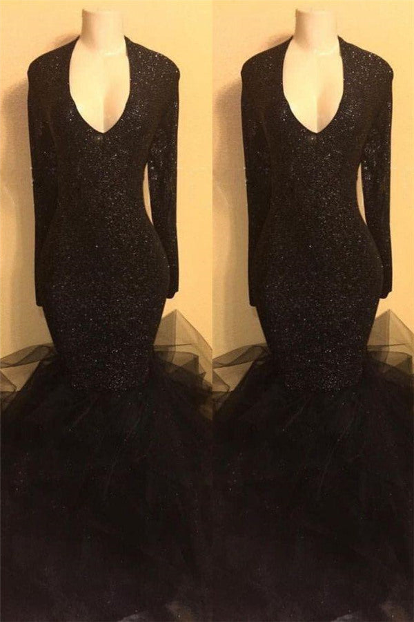 Chic black sequins prom dress, ruffles evening dress-showprettydress