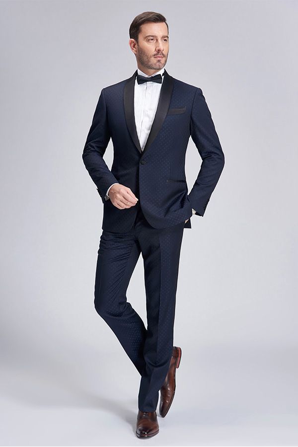 Chic Blue Dots Shawl Lapel Wedding Tuxedos Dark Navy Wedding Suits for Men-showprettydress