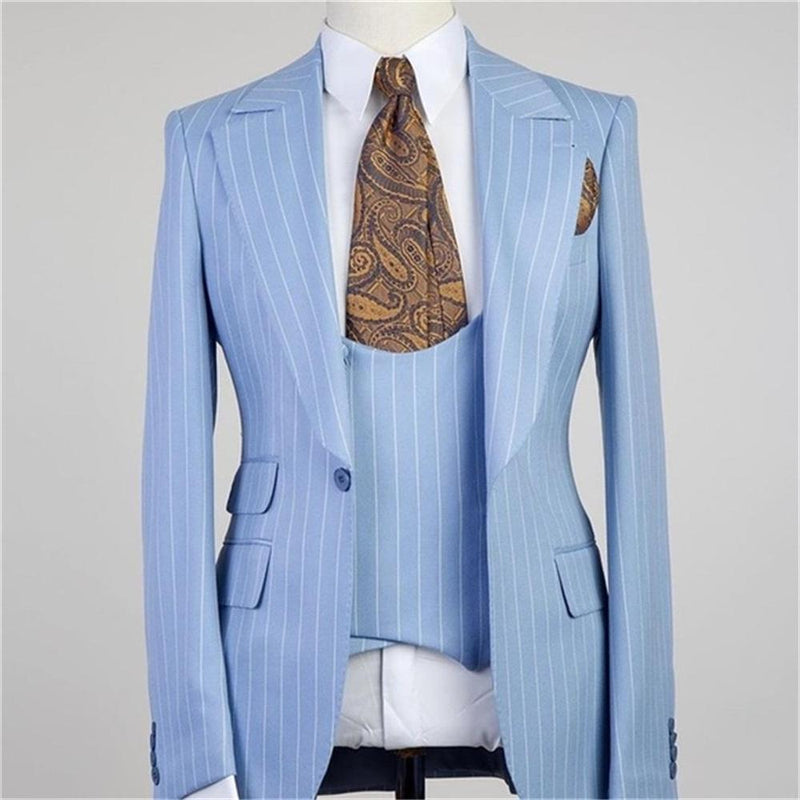 Chic Blue Stripe Peaked Lapel Three Pieces Men Suits-showprettydress