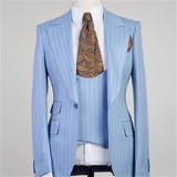 Chic Blue Stripe Peaked Lapel Three Pieces Men Suits-showprettydress