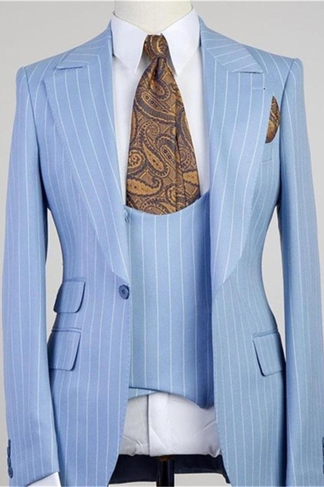 Chic Blue Stripe Peaked Lapel Three Pieces Men Suits-showprettydress