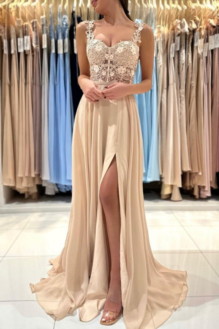 Chic Champagne Long A-line Sleeveless Chiffon Lace Prom Dress With Slit-showprettydress