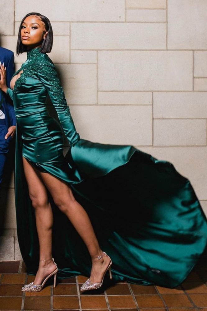 Chic Dark Green Appliques Front Split Prom Party GownsLong Sleeves-showprettydress