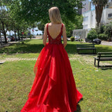 Chic Dee V-neck Red Organza Long Prom Party Gowns| Layers Lace Straps Prom Gown-showprettydress
