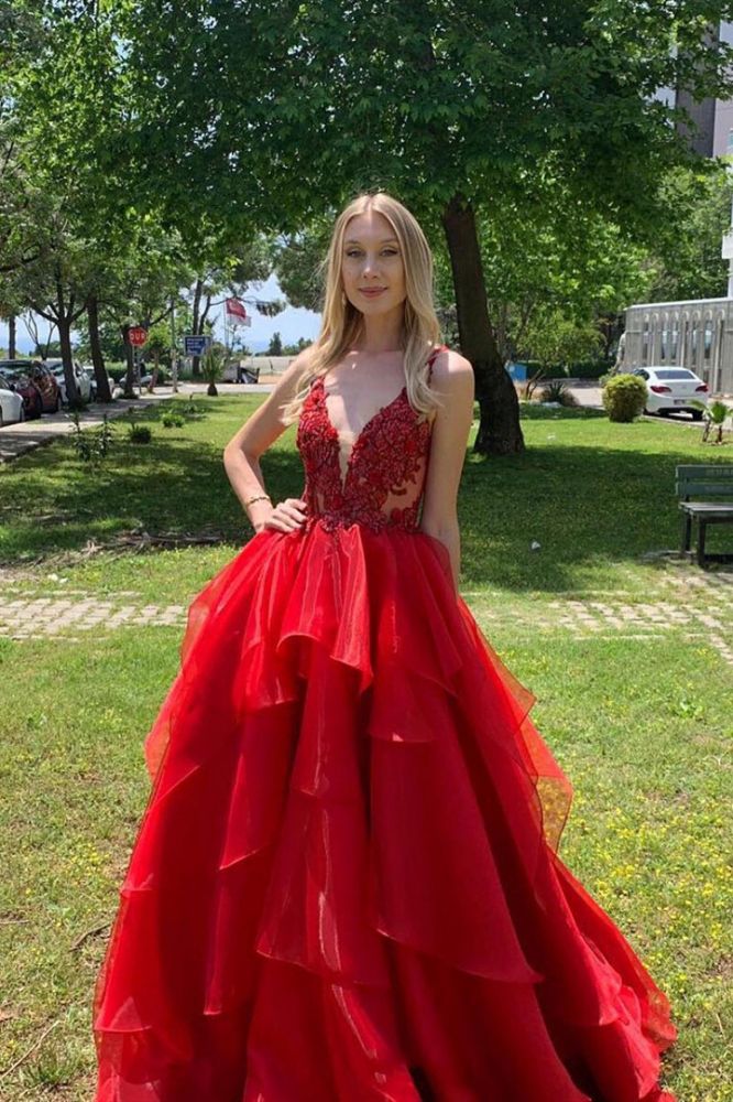 Chic Dee V-neck Red Organza Long Prom Party Gowns| Layers Lace Straps Prom Gown-showprettydress