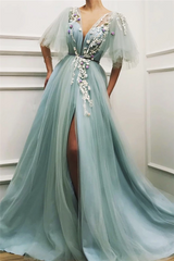 Chic Deep V-neck Front Slit Prom Party Gowns| Short Sleeveless Tulle Appliques Long Prom Party Gowns-showprettydress