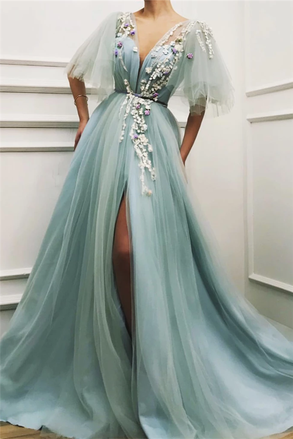 Chic Deep V-neck Front Slit Prom Party Gowns| Short Sleeveless Tulle Appliques Long Prom Party Gowns-showprettydress