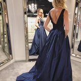 Chic Deep V-neck Navy Blue Prom Party Gowns| Charming Sleeveless Ruffles Long Prom Gown-showprettydress