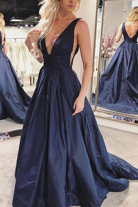 Chic Deep V-neck Navy Blue Prom Party Gowns| Charming Sleeveless Ruffles Long Prom Gown-showprettydress