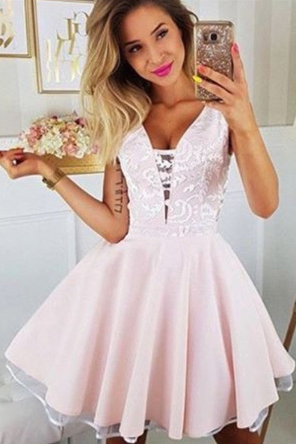 Chic Deep V-neck White Appliques Homecoming Dress Sleeveless Short Pink Homecoming Dress-showprettydress