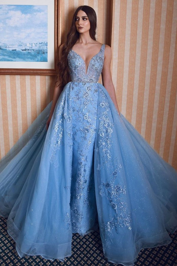 Chic Double V-Neck Mermaid Prom Party GownsLace Appliques Detachable Train-showprettydress