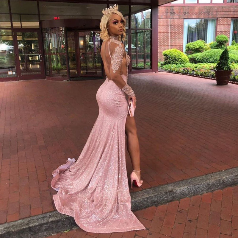 Chic Dusty Pink Long Sleevess Lace Appliques New Arrival High Split Sequined Long Prom Gowns-showprettydress