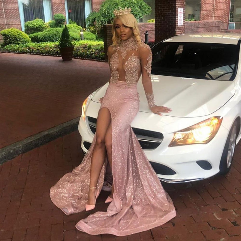 Chic Dusty Pink Long Sleevess Lace Appliques New Arrival High Split Sequined Long Prom Gowns-showprettydress