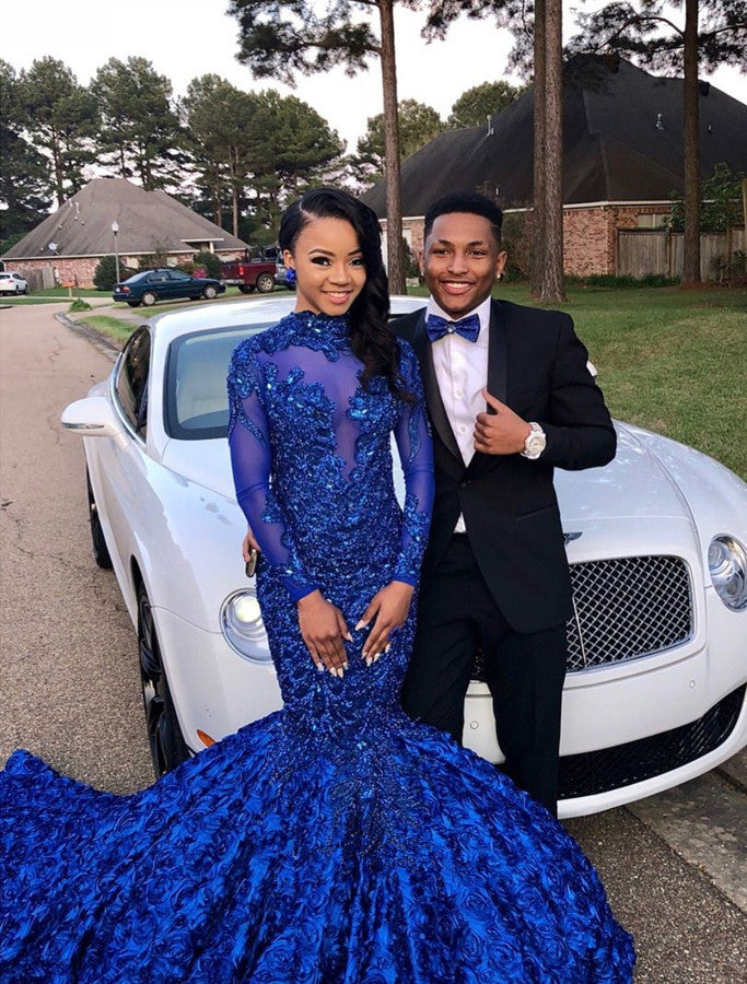 Chic Flowers Royal Blue Prom Party Gowns| Long Sleeves Prom Party Gowns-showprettydress