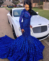 Chic Flowers Royal Blue Prom Party Gowns| Long Sleeves Prom Party Gowns-showprettydress