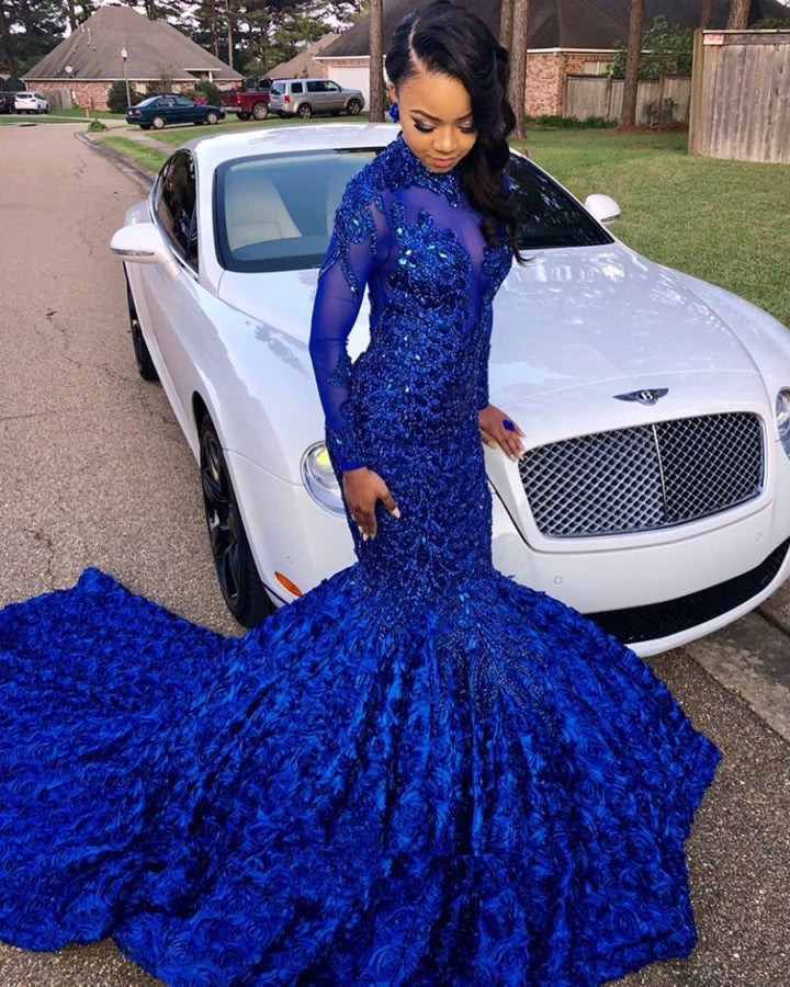 Chic Flowers Royal Blue Prom Party Gowns| Long Sleeves Prom Party Gowns-showprettydress