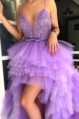 Chic Hi-Lo Deep V-neck Sleeveless Prom Party Gowns| Spaghgtti Straps Appliques Prom Party Gowns-showprettydress