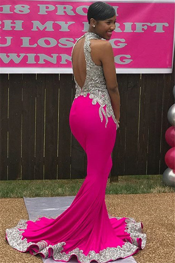 Chic High-Neck Backless Sleeveless Applique Mermaid Prom Party Gowns-showprettydress