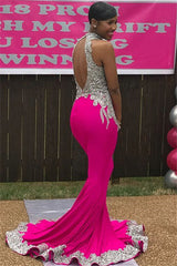 Chic High-Neck Backless Sleeveless Applique Mermaid Prom Party Gowns-showprettydress