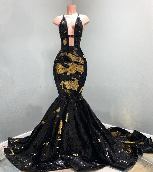 Chic Hollow Neckline Gold and Black Long Train Mermaid Evening Dresses-showprettydress