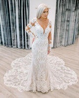 Chic Lace Long Sleevess Court Train Column Wedding Dress-showprettydress
