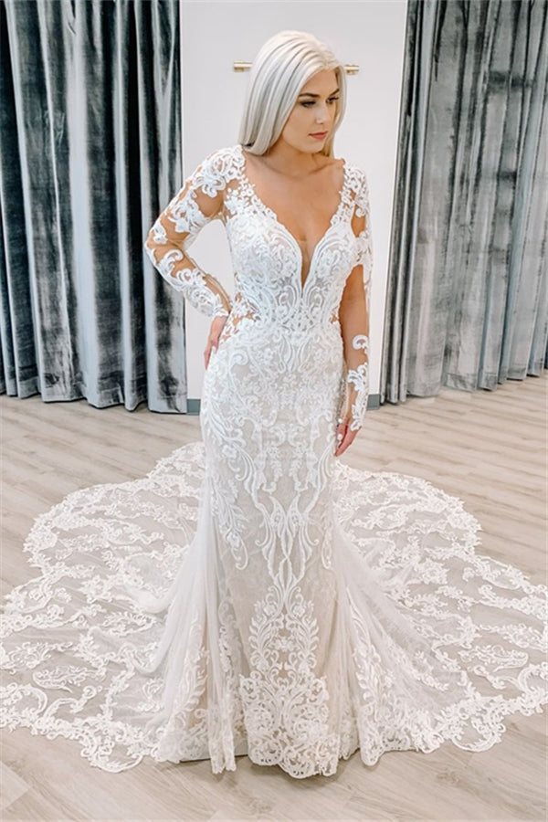 Chic Lace Long Sleevess Court Train Column Wedding Dress-showprettydress