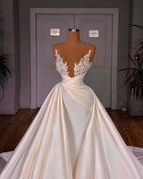 Chic Long A-line Cathedral Sleeveless V-neck Satin Wedding Dresses-showprettydress