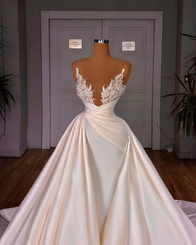 Chic Long A-line Cathedral Sleeveless V-neck Satin Wedding Dresses-showprettydress