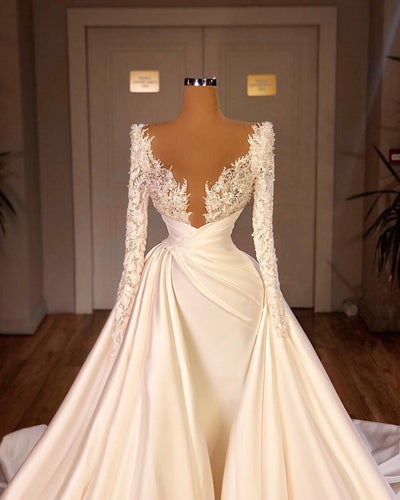 Chic Long A-line Cathedral V-neck Satin Lace Wedding Dress With Sleeves-showprettydress