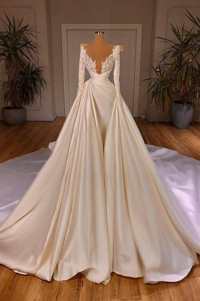 Chic Long A-line Cathedral V-neck Satin Lace Wedding Dress With Sleeves-showprettydress
