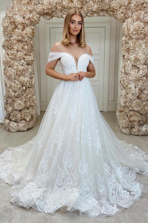 Chic Long A-line Off-the-shoulder Tulle Lace Wedding Dress-showprettydress