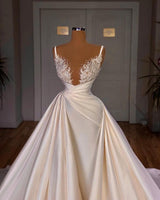 Chic Long A-line Sleeveless Spaghetti Strap Cathedral V-neck Satin Lace Wedding Dress-showprettydress