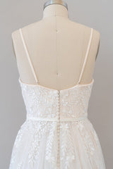 Chic Long A-line Sweetheart Spaghetti Strap Appliques Tulle Wedding Dress-showprettydress