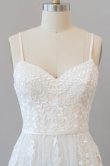 Chic Long A-line Sweetheart Spaghetti Strap Appliques Tulle Wedding Dress-showprettydress