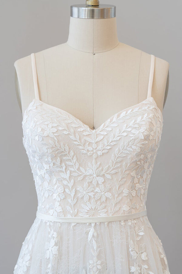 Chic Long A-line Sweetheart Spaghetti Strap Appliques Tulle Wedding Dress-showprettydress