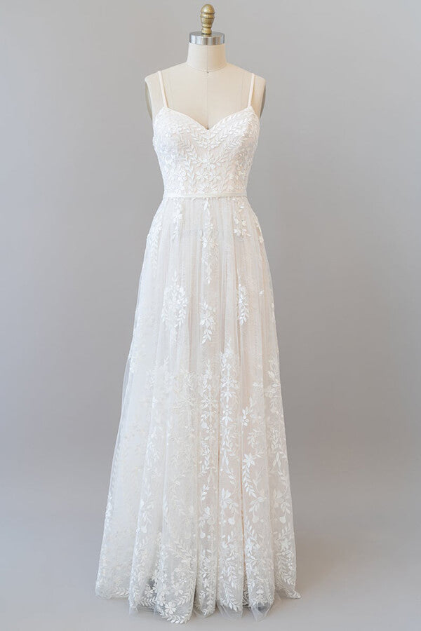 Chic Long A-line Sweetheart Spaghetti Strap Appliques Tulle Wedding Dress-showprettydress