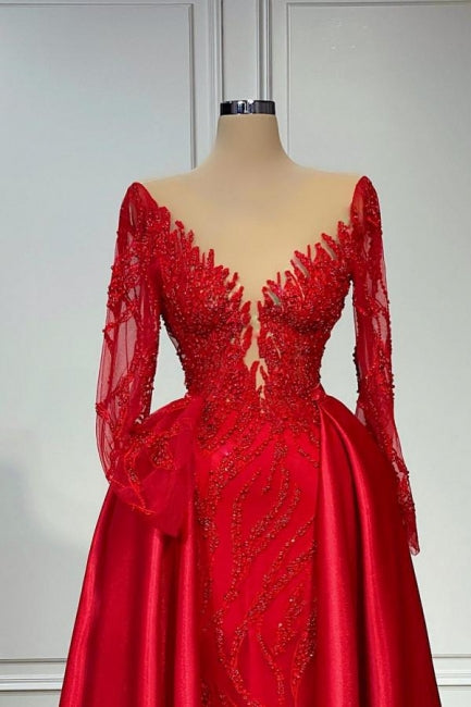 Chic Long A-line V-neck Lace Prom Dresses Red Evening Gown With Sleeves-showprettydress