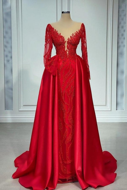 Chic Long A-line V-neck Lace Prom Dresses Red Evening Gown With Sleeves-showprettydress