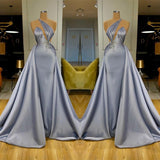 Chic Long Mermaid Halter Beadings Satin Evening Dress With Detachable Skirt-showprettydress